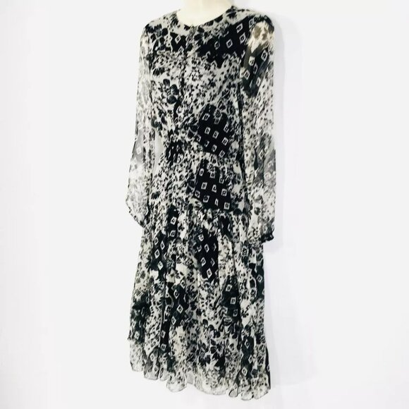 Massimo Dutti Silk Patchwork Print Dress Sz 2 Stretch Waist Covered Buttons